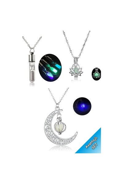 Herşey Nota Karanlıkta Parlayan Lotus Çiçeği, Kum Saati, Desenli Ay Kolye Set...