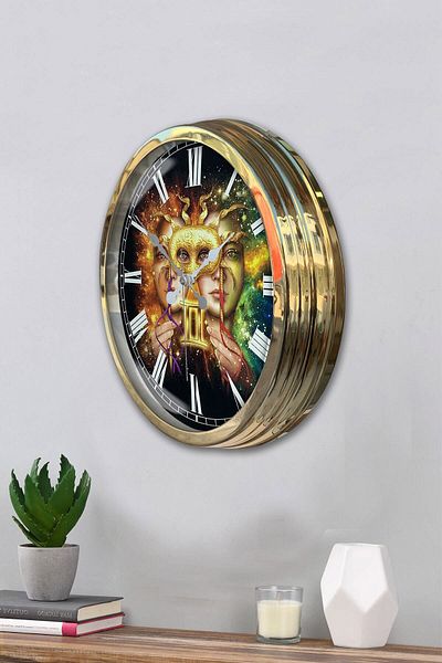 Kasva Concept 40 cm Gold Metal Gemini Sign Wall Clock