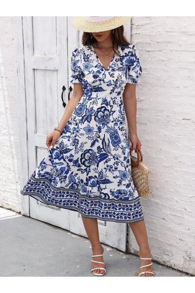 Simala Women's Short Sleeve Double Breasted Lapel Skirt Flounced Floral Print...