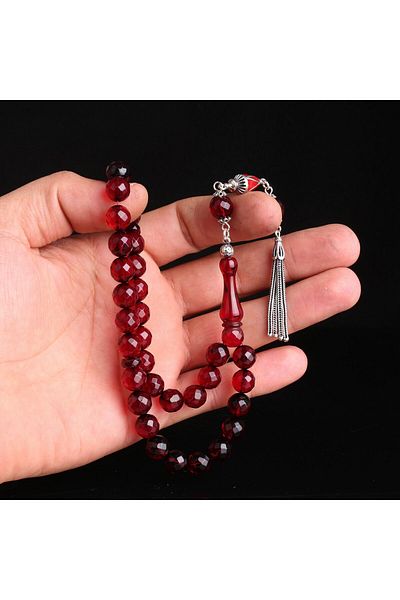 Tesbihsepetim Red Facet Cut Silver Tasseled Drop Amber Rosary