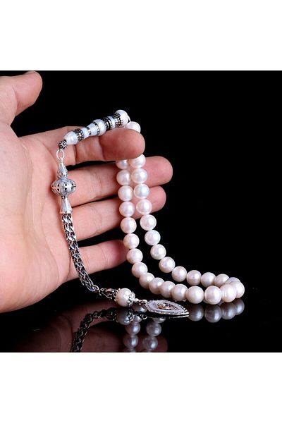 Tesbihsepetim Ayyildiz Model 10 Mm - Silver Tasseled, Nakkaş İmameli and Pearl Stone Rosary
