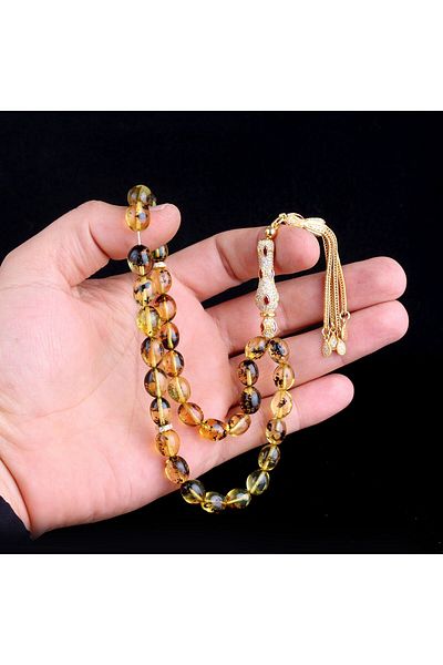 Tesbihsepetim Zircon Set - Silver Tasseled, Garbage Fossil, Drop Amber Prayer Beads