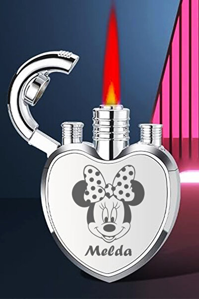 İŞTE BU Kalp Şeklinde Kişiye Özel İsimli Mickey Mouse Çakmak Metal Turbo Alev...