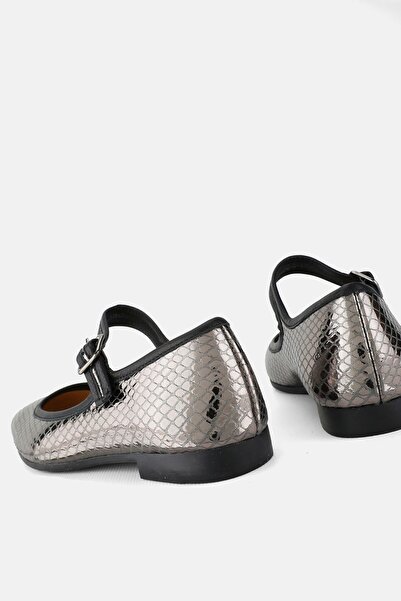 TUNAELLİ Black Nickel Leather Women's Ballerinas - Number 34-35-41-42 with Ankle Strap