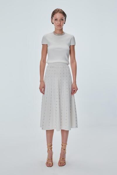 JOIN US Taş Baskılı Pileli Ekru Midi Etek