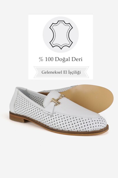 TUNAELLİ White Genuine Natural Leather Women's Ballerinas - Size 35-41 with Buckle