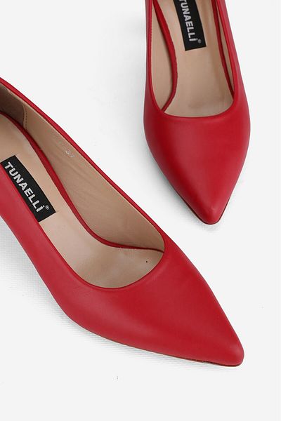 TUNAELLİ Women's Red Leather Short Heeled Stiletto Shoes, Size 35-41