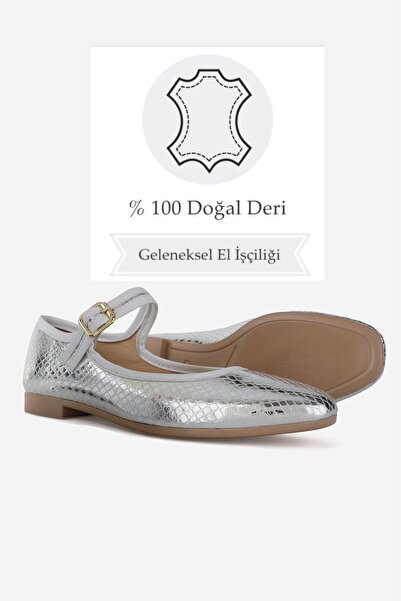 TUNAELLİ Lame Women's Leather Ankle Strap Ballerinas - Size 34-35-41-42