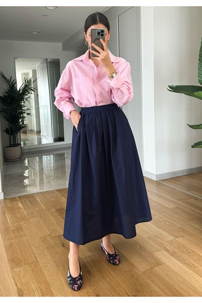 My Blog Dunkelblauer Popeline-Rock mit elastischer Taille und Seitentaschen