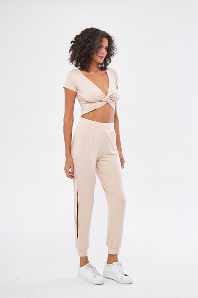 Chandraswear Beige Women's Jogger Trousers - Slit Detail and Elastic Waist Shalwar Look - Bella