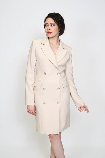 DEFİLE LUX Gold Düğmeli Kruvaze Yaka Uzun Kol Vatkalı Ceket Elbise Taş -Gold ...