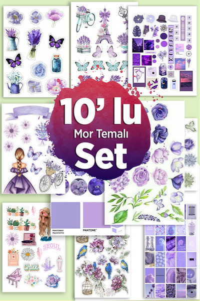 LiyaCraft Mor Temalı 10'lı  Sticker Planner Ajanda Bullet Journal Için Uygun Set