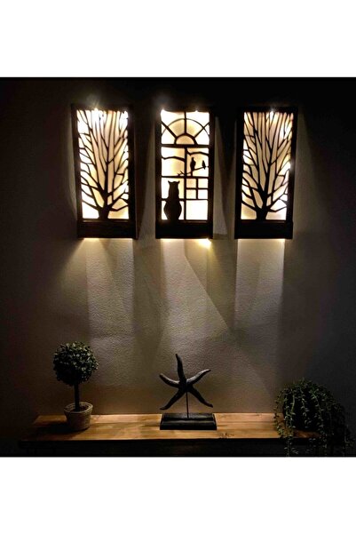 DDPEST DS- Peri Led Li Pilli Ağaç Kedi Kuş Desenli Hediyelik Ahşap Tablo, 18x36 Cm 3 Lü Set Gece Lambası