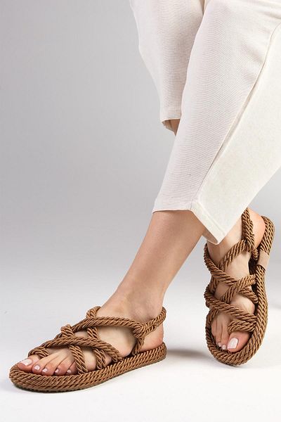 Mio Gusto Samara Tan Colored Women's Rope Sandals - Flat Bottom