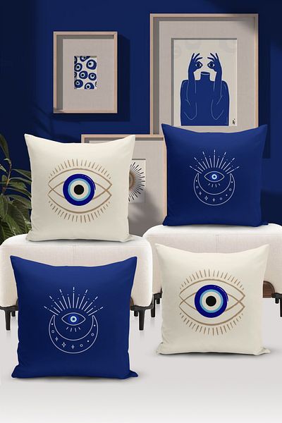 Bertille Home Seria Evil Eye, set de 4 huse de pernă cu imprimare digitală pe două fețe (husă de pernă pentru ochi Evil)