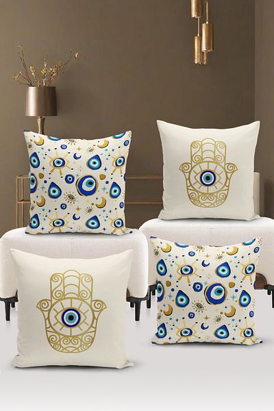 Bertille Home Nazar Series Double Sided Digital Printed 4-Piece Throw Pillow Case Set (Evil Eye Cushion Cover)