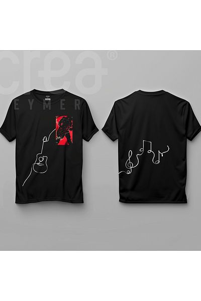 Crea Eymer Wear Μπλουζάκι από 100% βαμβακερό λαιμό ποδηλάτου με μαύρο σχέδιο κιθάρας