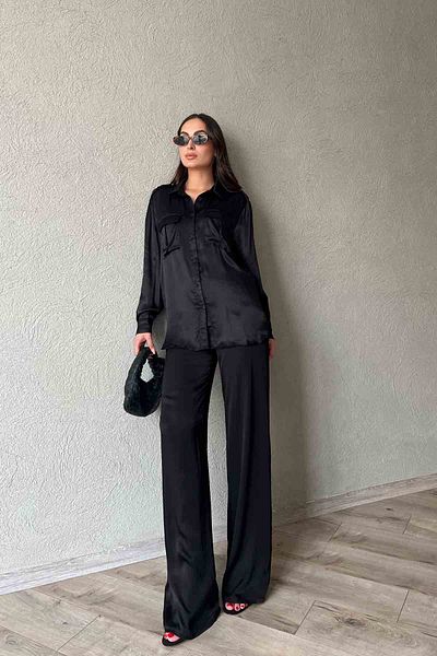 Seda Yalçın Atelier Black Satin Button Detailed Shirt Pants Set