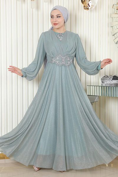 Modamihram Pearl Detailed Draped Glittery Evening Dress Mint 19189