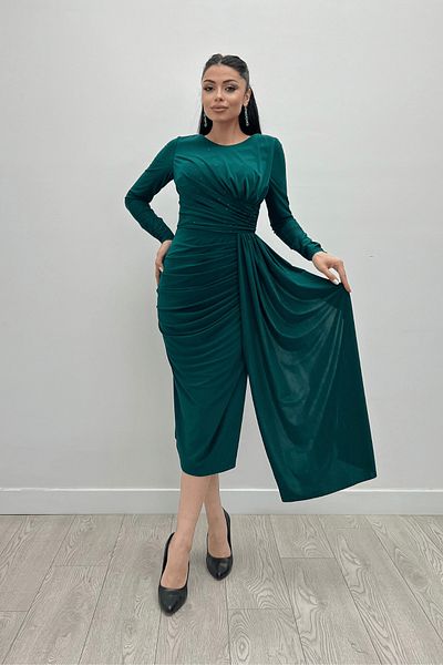 giyimmasalı Emerald Green Draped and Jewelled Detailed Jersey Dress