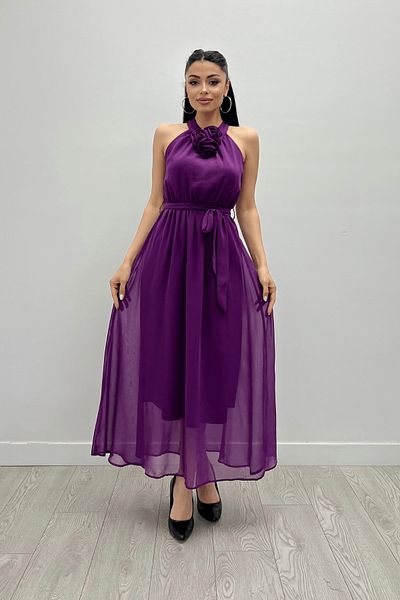 giyimmasalı Patlican Purple Midi Chiffon Φόρεμα - Ελαστική μέση
