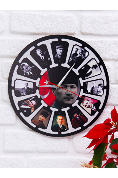 Deep Craft Dekoratif Ahşap Duvar Saati Salon,Ofis,Büro,Ev Şık Tasarım-Parçalı Atatürk