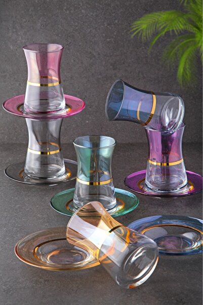 WuuQ Özel Tasarım Lüsterli Gold Detaylı 6 Farklı Renkli Cam Çay Seti - 12 Parça