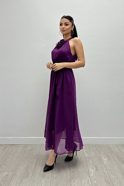 giyimmasalı Patlican Purple Midi Chiffon Φόρεμα - Ελαστική μέση