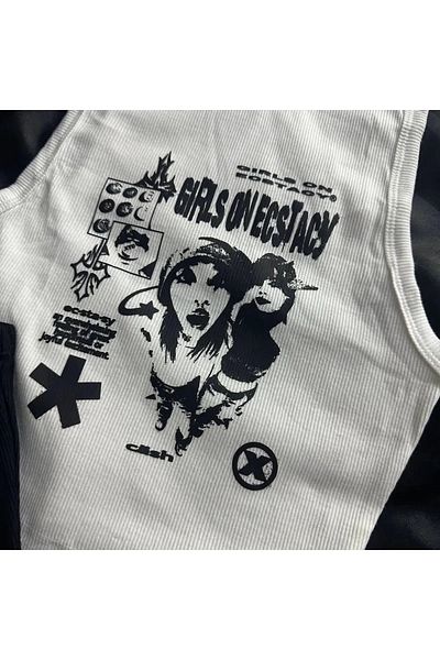 Gofeel Y2k Tech Girls - Αισθητικό λευκό αμάνικο Crop Top