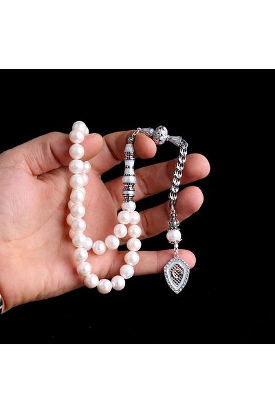Tesbihsepetim Ayyildiz Model 10 Mm - Silver Tasseled, Nakkaş İmameli and Pearl Stone Rosary