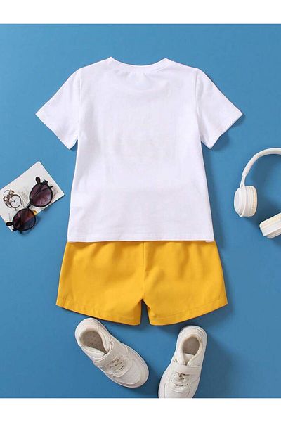 MORNİNG KİDS 1978 Printed Vintage Boy's T-shirt and Shorts Set - White and Yellow