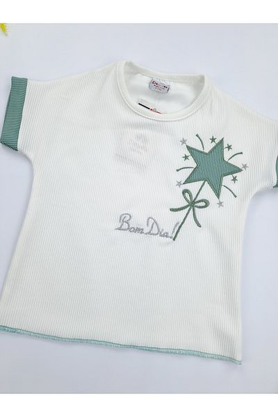 Butik Girl's Trousers T-Shirt Two-Piece Suit Spanish Leg Embroidery Detail Water Green Pink Purple Color Option