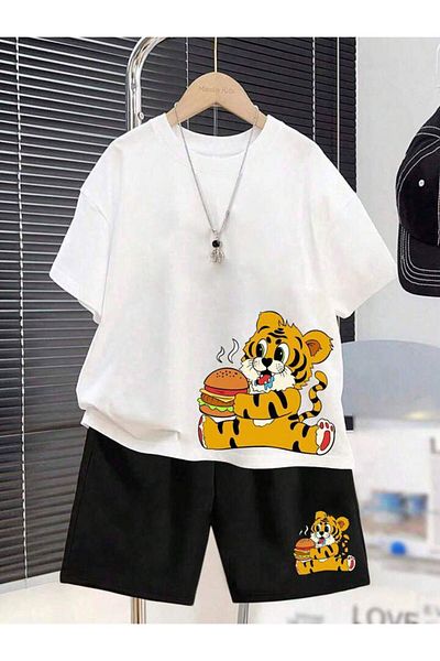 MORNİNG KİDS Boy's Hamburger Printed T-Shirt and Shorts Set