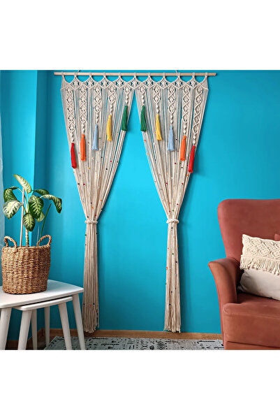 EdaTasarım Makrome Perde Renkli Püskül ve Ahşap Boncuklu