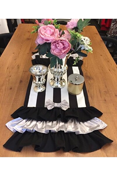 Dekorluk Concept Siyah Beyaz Çizgili Ve Iki Kenarı Fırfırlı Runner (130 X 40) Cm