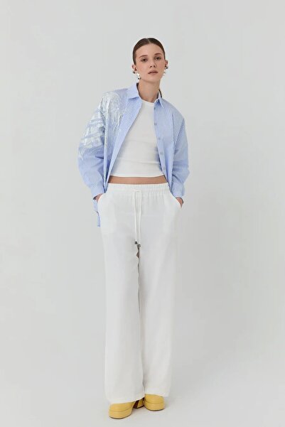 Quzu Beli Lastikli Bol Paça Pantolon Ekru