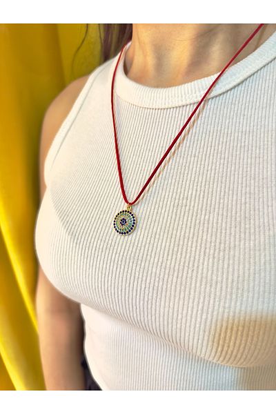 Atelier Çağla Red Rope Necklace with Zircon Stone and Evil Eye Bead Detail