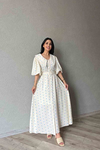 Seda Yalçın Atelier Rochie albastră cu mâneci cu balon, cu modele cu buline