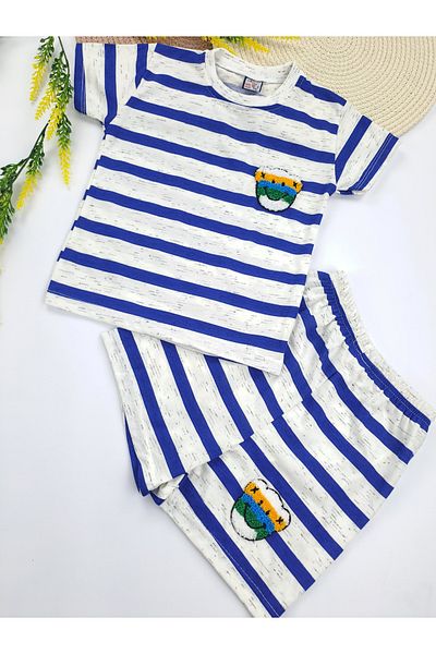 Keskincan Kids Club Set dublu pentru băieți - pantaloni scurți și tricou de culoare verde, roșu și albastru, brodat ursuleț