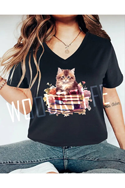 WOODROFFE Γυναικείο μπλουζάκι Loose Relaxed Cut V-Neck με μαύρο εμπριμέ - Boy...