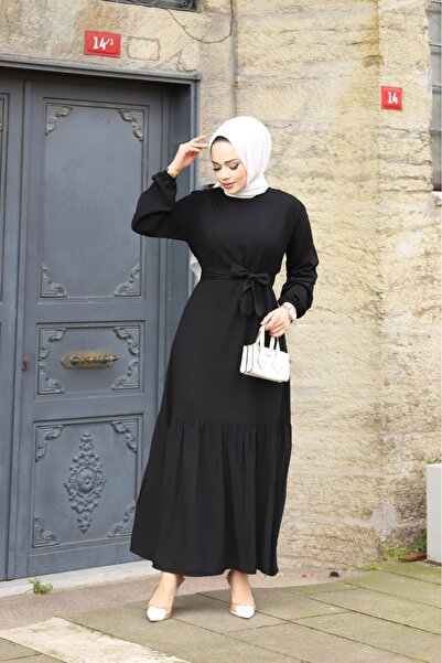 HİRA LİFE FASHİON Kadın Mevsimlik Tesettür Giyim Beli Kuşaklı Dokuma Viskon D...