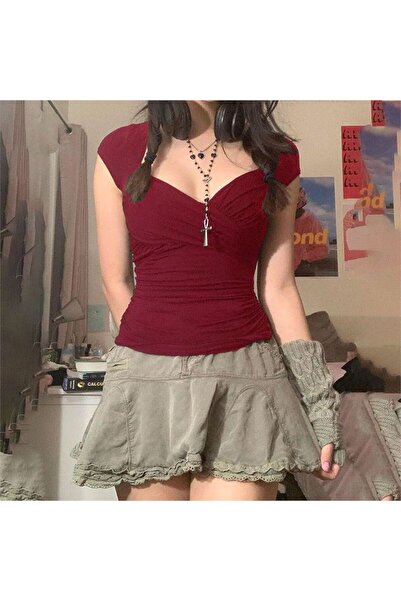 Karakedi Γυναικεία μπλούζα με κοντό μανίκι με λαιμόκοψη μπορντό - KK