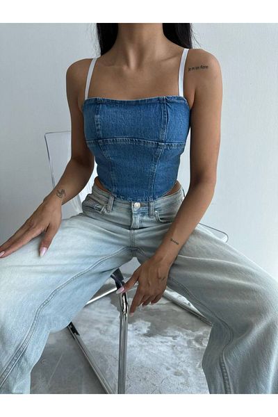 Rabury Butik Crop Top din Denim cu bretele - Bustieră