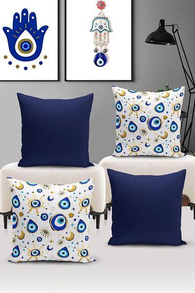 Bertille Home Seria Evil Eye, set de 4 huse de pernă cu imprimare digitală pe două fețe (husă de pernă pentru ochi Evil)