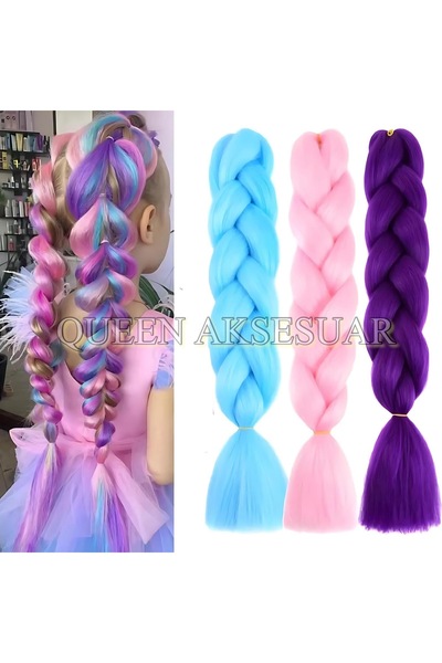 Queen Nelly 3lü trend jumbo unicorn renkli gökkuşağı örgü seti mavi pembe mor Afrika Brezilya örgüsü postiş