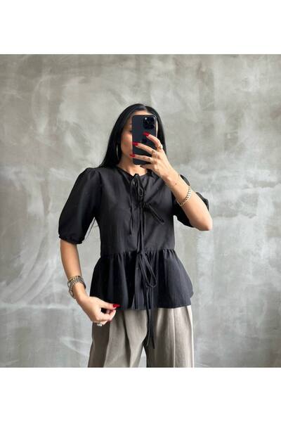 Marbella قميص بلوزة نسائي للموسم الجديد - تفاصيل ربطة عنق، أسود