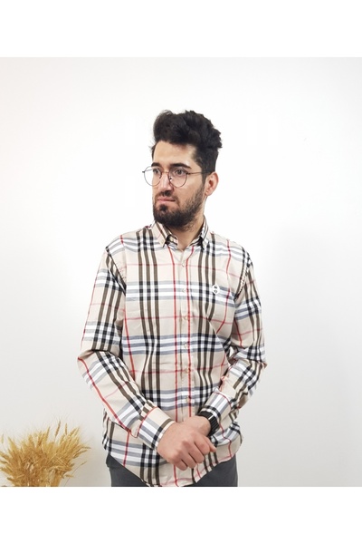 Terziligiyin Paralel yatay ve dikey çapraz geometrik çizgili krem erkek gömlek