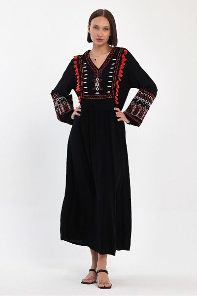 AYASOFYA OTANTIK Black Ethnic Embroidered V-Neck Long Sleeve Dress - Tassel Detail and Elastic
