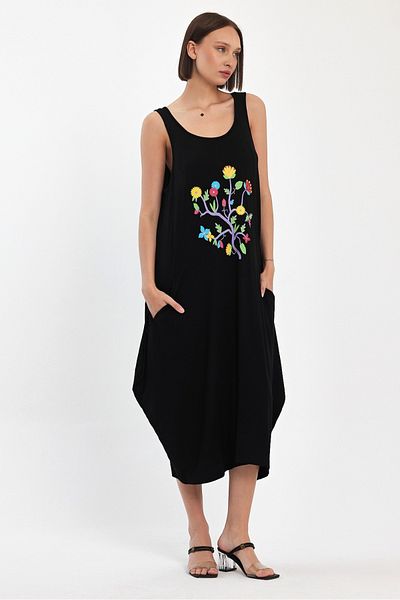 AYASOFYA OTANTIK Black Floral Patterned Pocketed Sleeveless Women's Dress