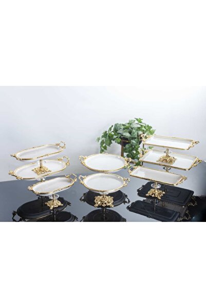 Genel Markalar 8 PARCA DÖKÜM AYAKLI KULPLU GOLD DETAY CERÇEVELİ PORSELEN SUNU...